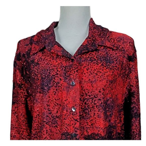 Vintage Chico's Tunic Size XL Red Black Animal Print Long Sleeve Sparkle Artsy - Picture 5 of 9